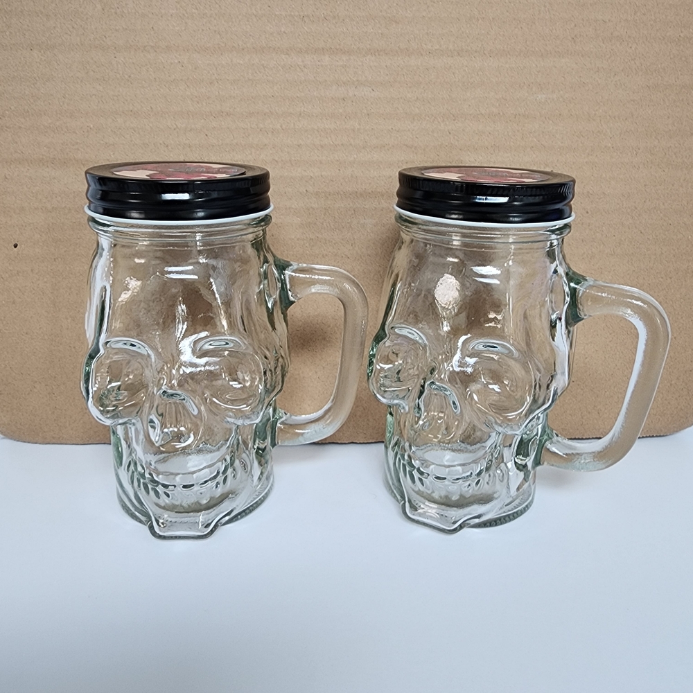 Clear Glass Skull Mason Mug with Black Lid - Set of 2